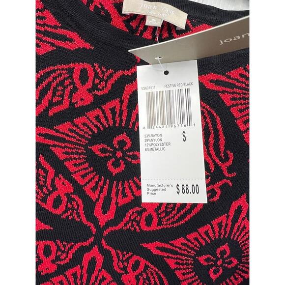 Joan Vass New York Sweater Tunic Size S Black Red Jacquard Asymmetrical Hem - Picture 8 of 12